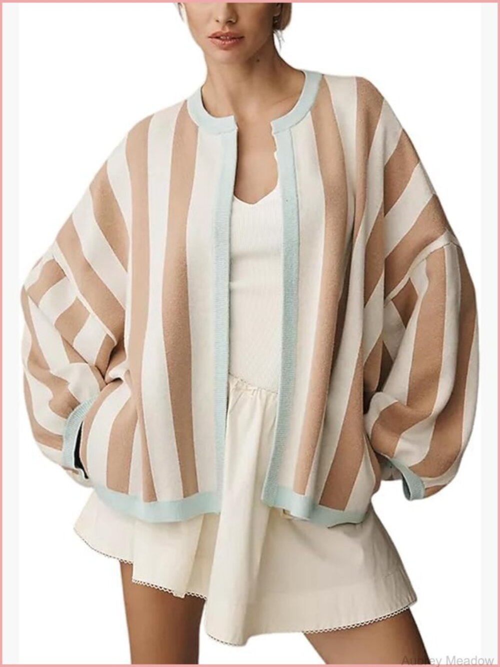 Loose Fit Striped Knit Cardigan Long Lantern Sleeves Open Front - Picture 1 of 6
